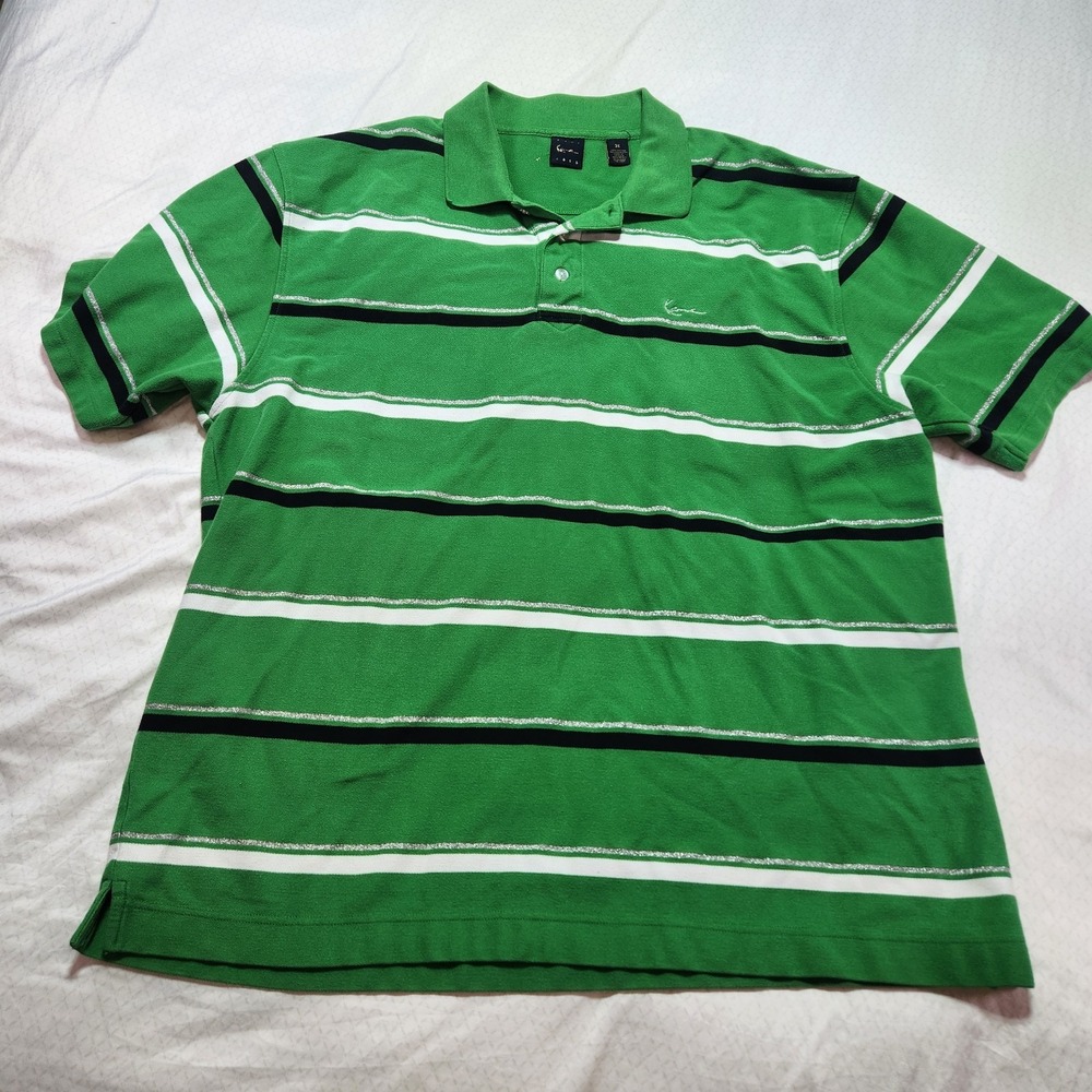 Karl Kani Gold Polo Shirt Mens 3XL Vintage Green Striped Hip Hop Short Sleeve